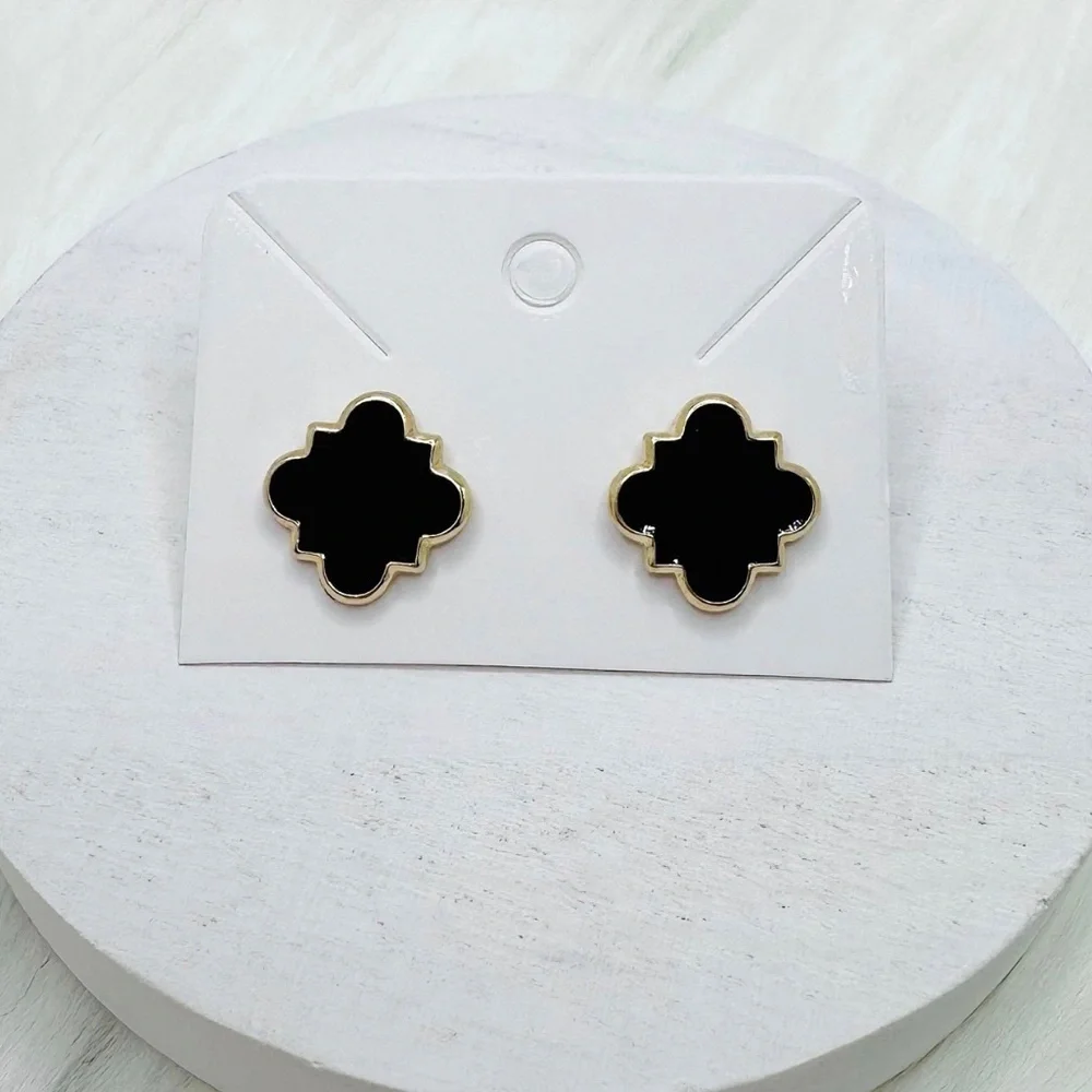 Wholesale Chloe Clover Stud Earrings 18k Gold Plated Earrings in Black 3 pairs
